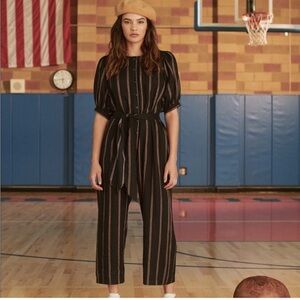 The Great / home room jumpsuit Navy Striped Short Sleeve Cropped Belt 2 medium M